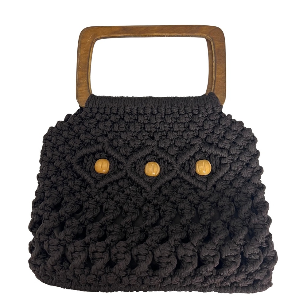 Vintage Handmade 70s Brown Macrame Purse Bag with Wooden Handles & Beads Boho